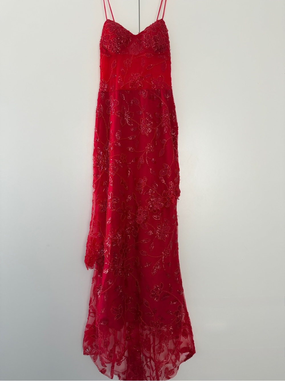 Red Lace Maxi Prom Dress with Floral Embroidery & Beading